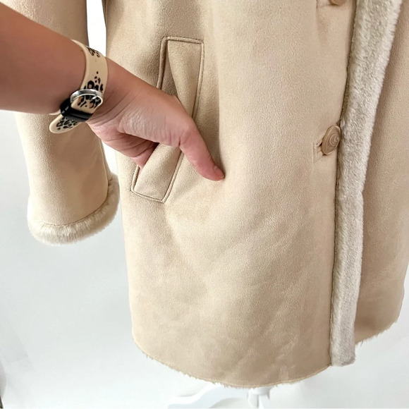 LARRY LEVINE | Faux Suede Shearling Fur Tan Beige Mid Length Coat Size Medium - Picture 6 of 10